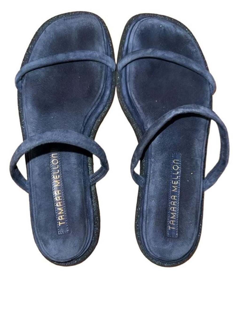 Tamara Mellon Blue Suede Glitter Flat Slide Sandals